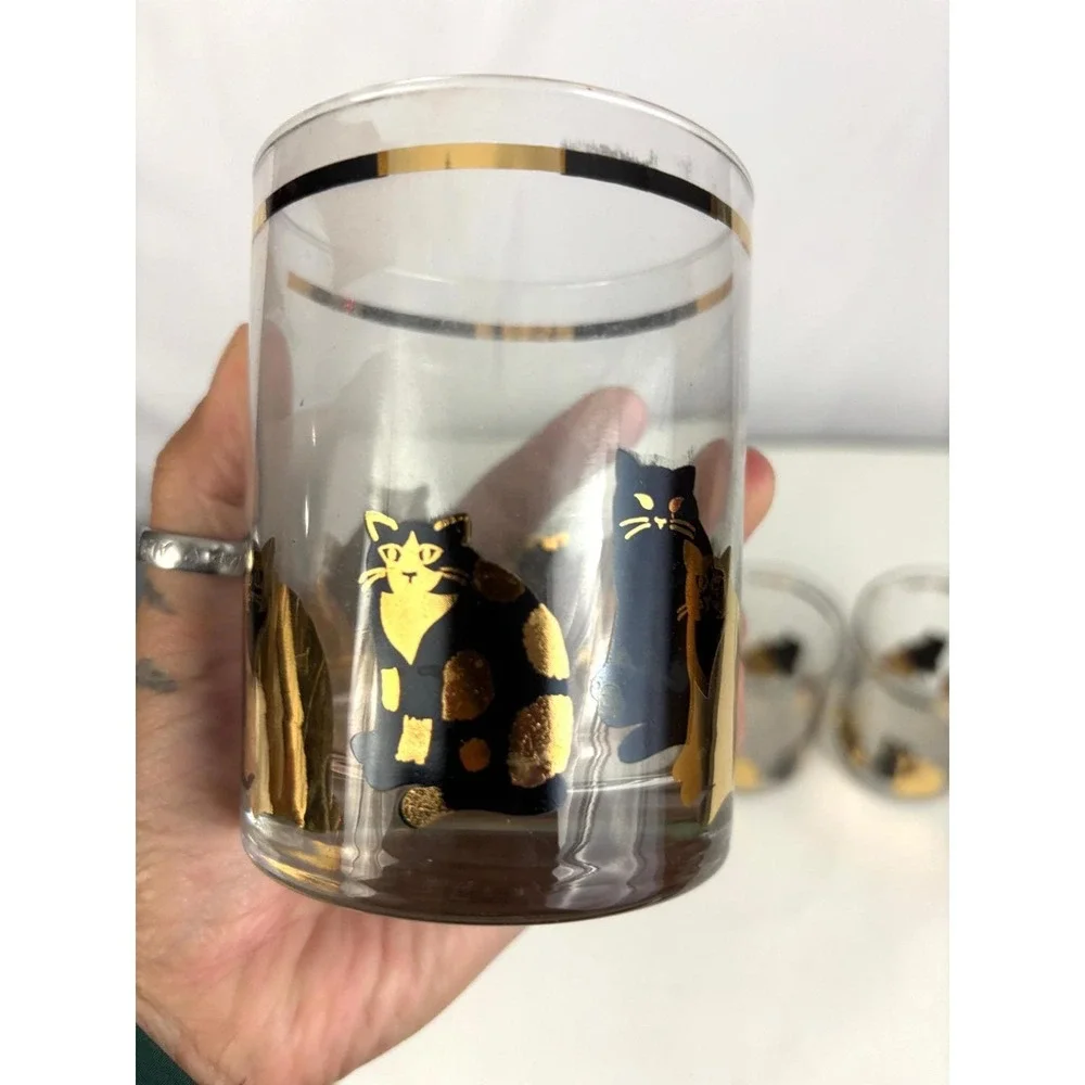 Georges Briard Mid Century Cat Glasses Set of 4 Gold Accent‎ Tumblers